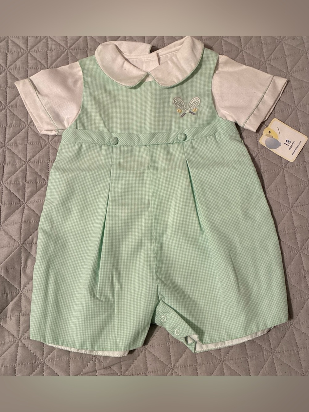 Petit Ami VINTAGE Baby Romper Renzo 2-Pc Set Spring Green & White NEW 18 months